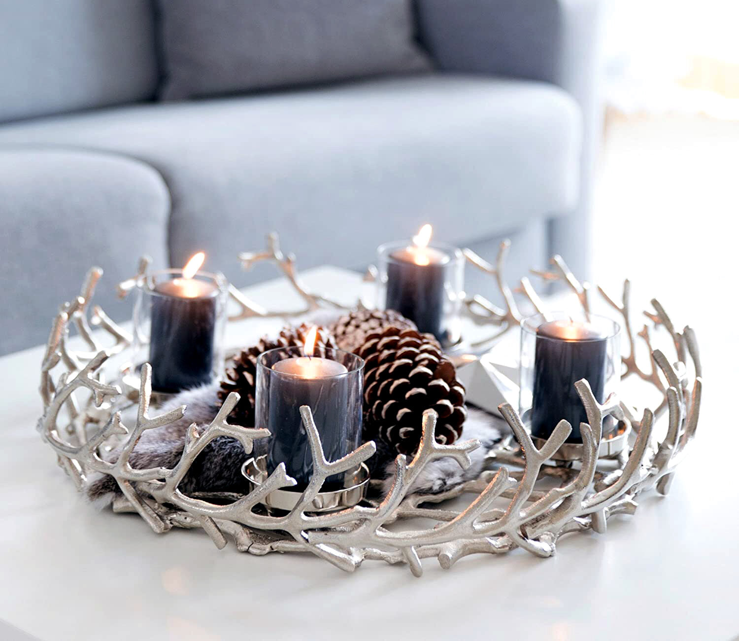 
High-quality designer Advent wreath "Porus", various sizes - Silver / Ø 58 cm