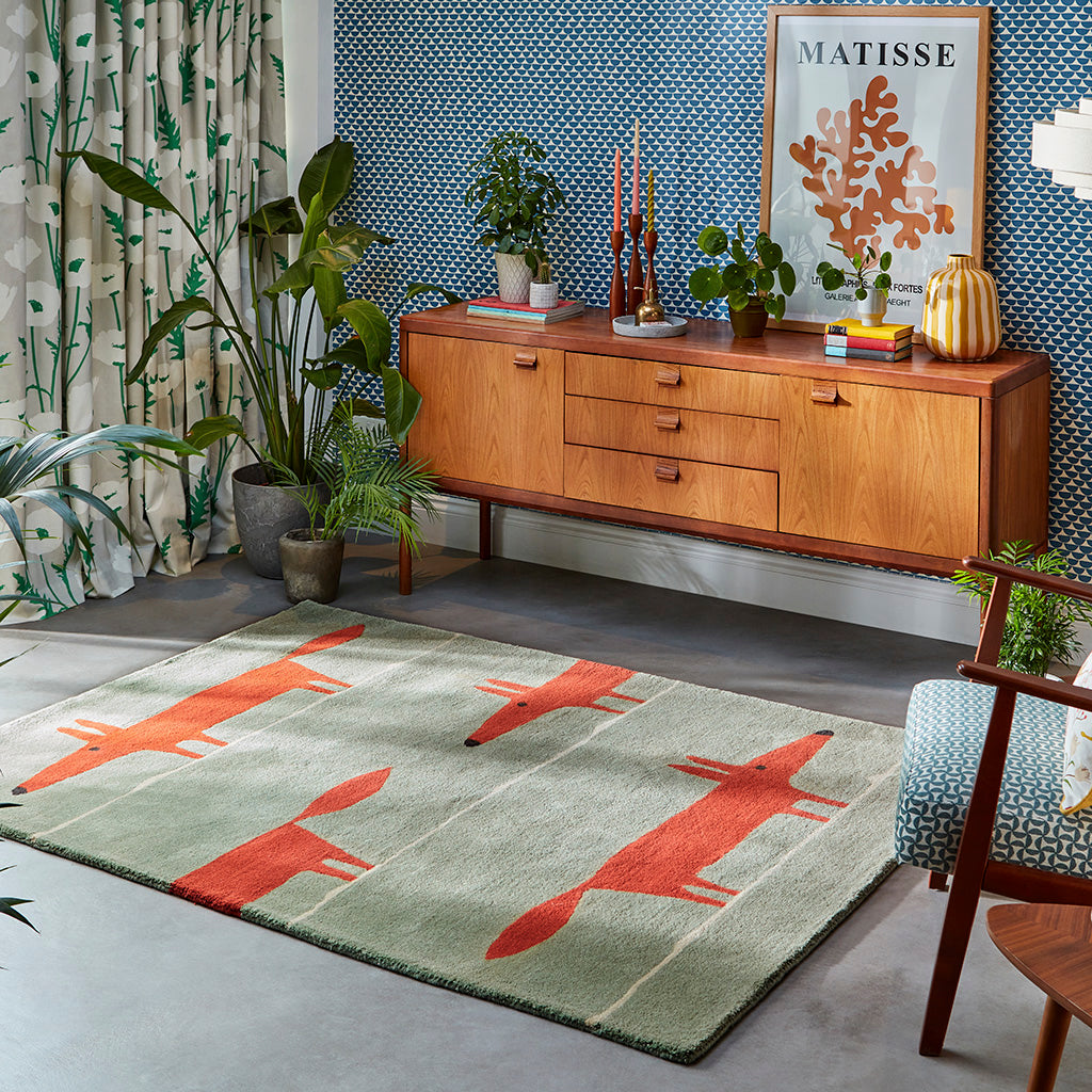 
Tapis design « Mr. Fox » – tufté à la main, 100 % pure laine vierge - 90 x 150 cm / Menthe/Coquelicot