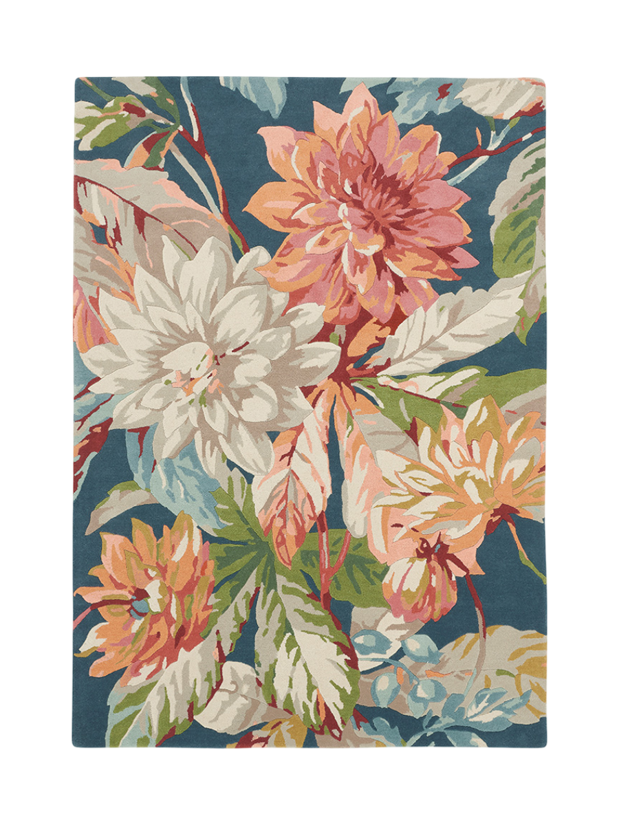 
Tapis design « Dahlia & Rosehip » Teal - tufté à la main, 100% pure laine vierge - 140 x 200 cm