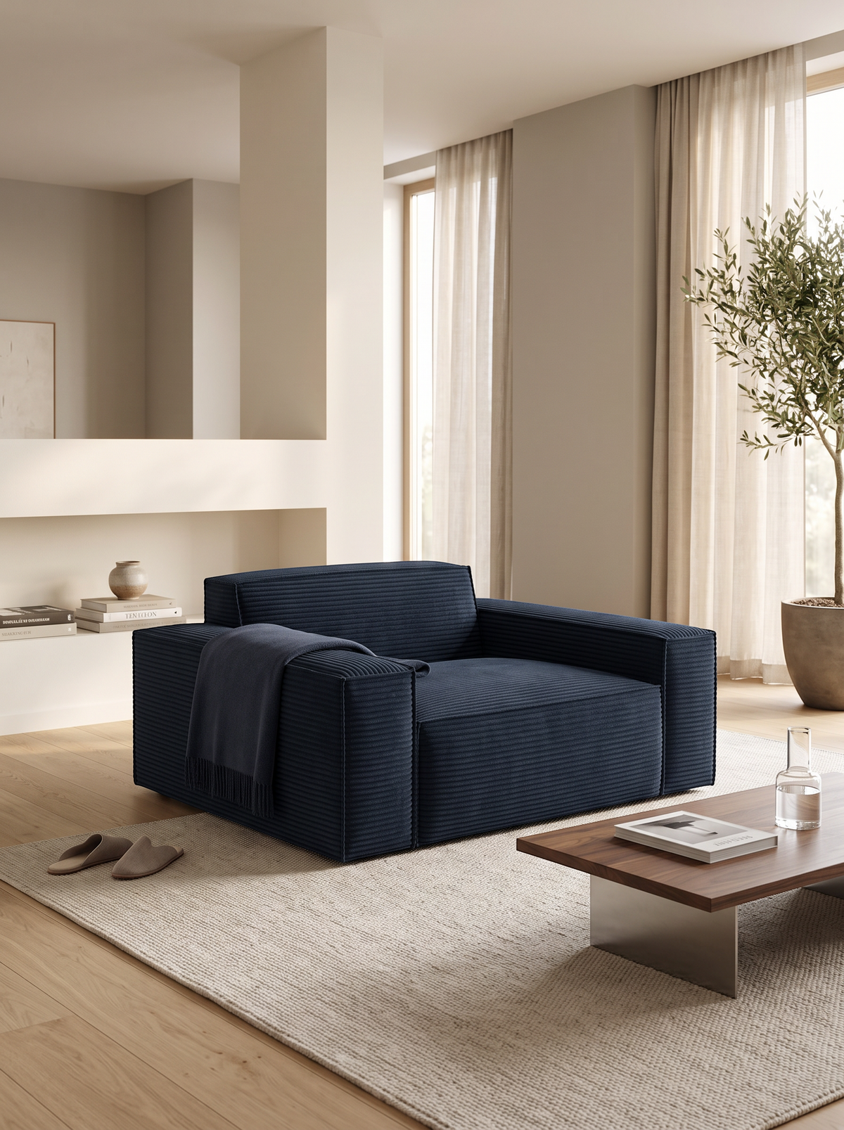 
Fauteuil lounge design « Siena », velours côtelé - Velours côtelé bleu foncé