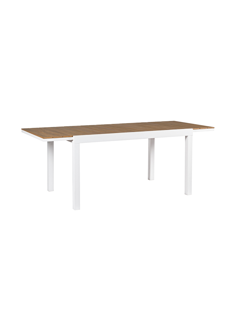 
Hochwertiger, ausziehbarer Gartentisch „Elias“, verschiedene Grössen - Rahmen: Weiss, Tischplatte: Teak / 140-200 x 90 cm