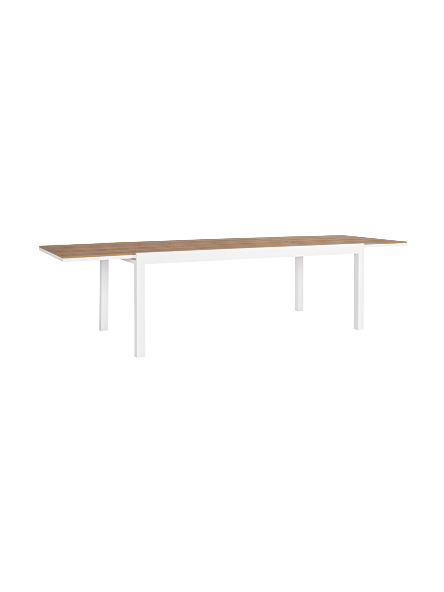 
Hochwertiger, ausziehbarer Gartentisch „Elias“, verschiedene Grössen - Rahmen: Weiss, Tischplatte: Teak / 200-300 x 95 cm