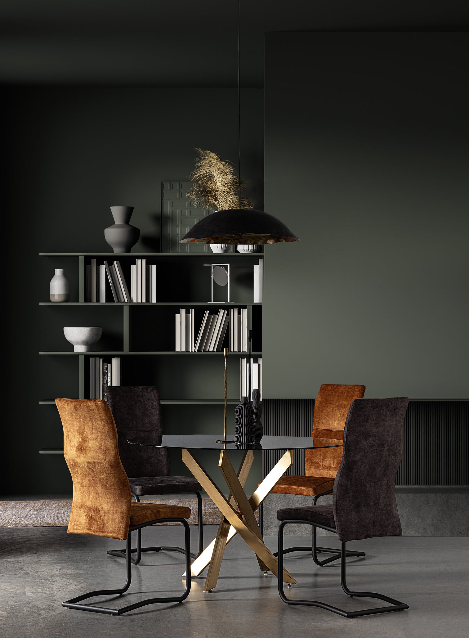 
Chaise cantilever élégante « Thelma » - Pied: noir, revêtement: velours vert foncé