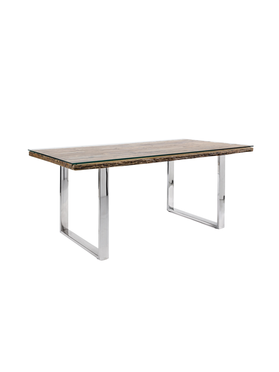 
Design Esstisch „Stanton“ aus recyceltem Teakholz mit Glasplatte, verschiedene Grössen - 180 x 90 cm