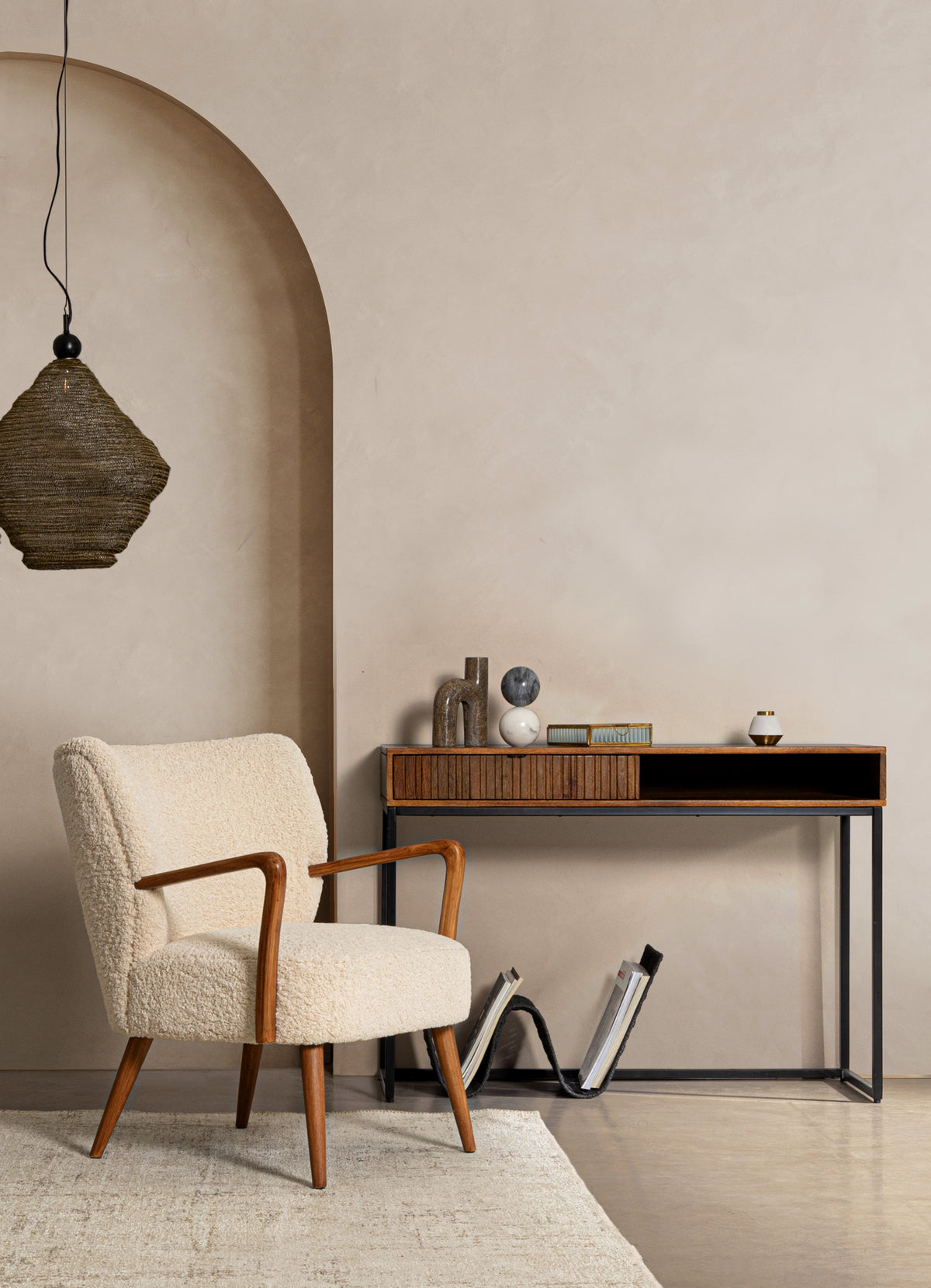 
Poltrona di design rétro massiccia «Moritz» - Bouclé Ecru