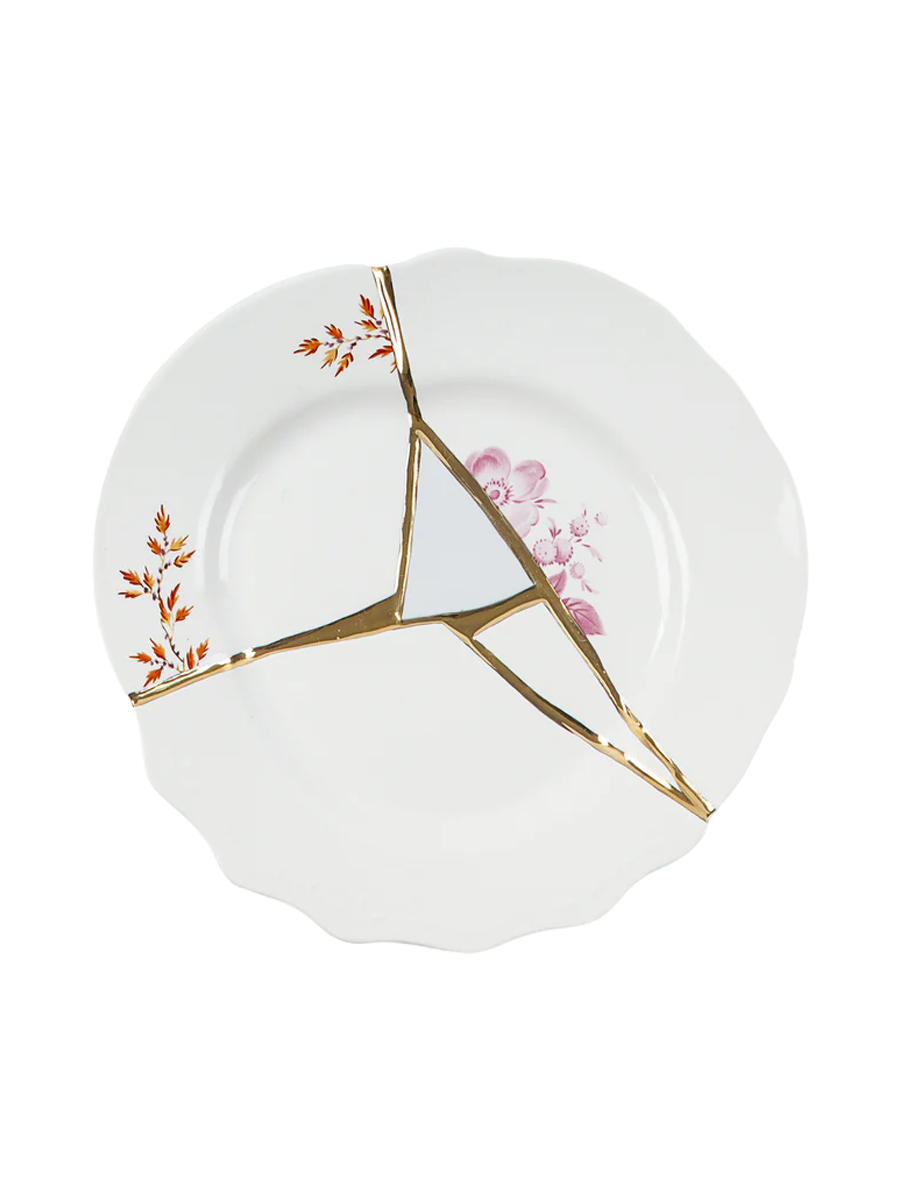 
Assiette à salade et dessert design « Kintsugi 02 » en porcelaine décorée d'or fin