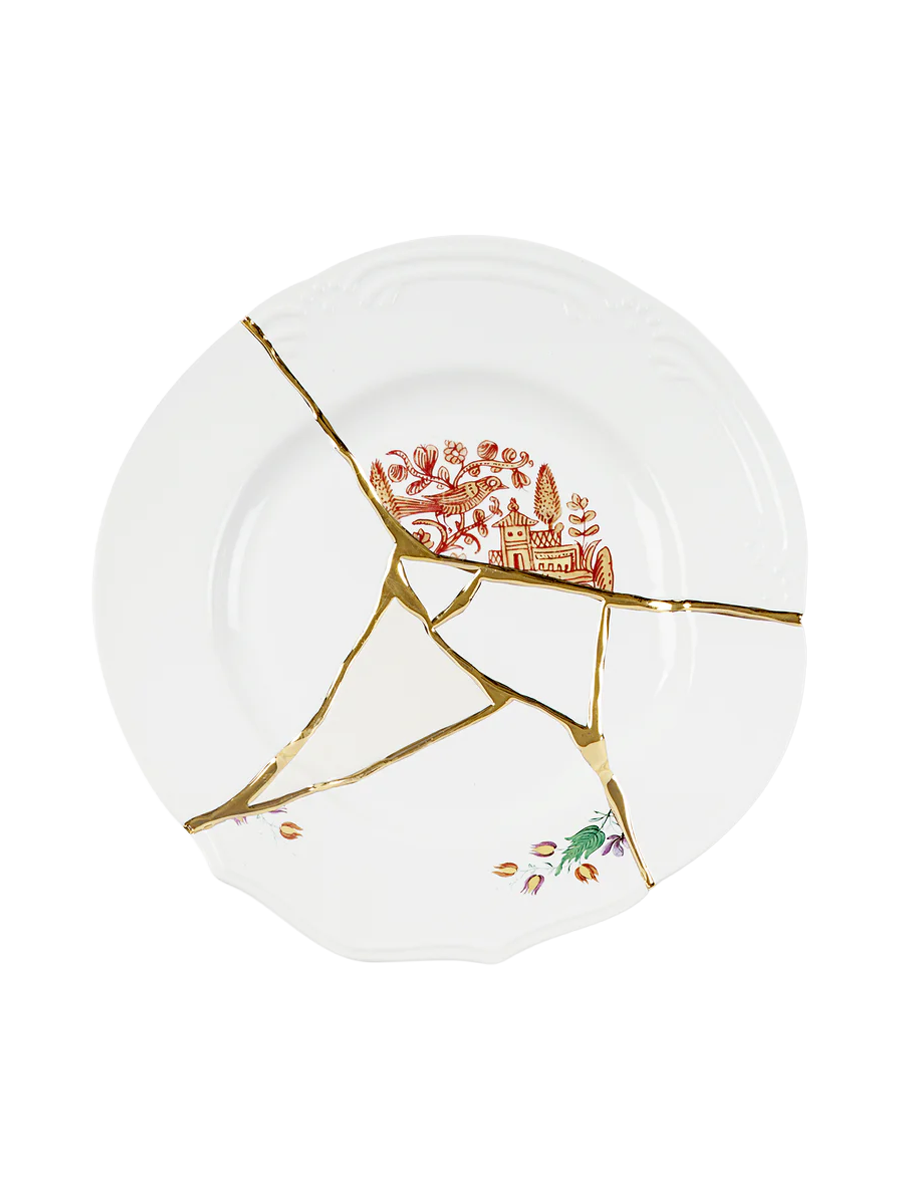 
Assiette plate design « Kintsugi 01 » en porcelaine décorée d'or fin