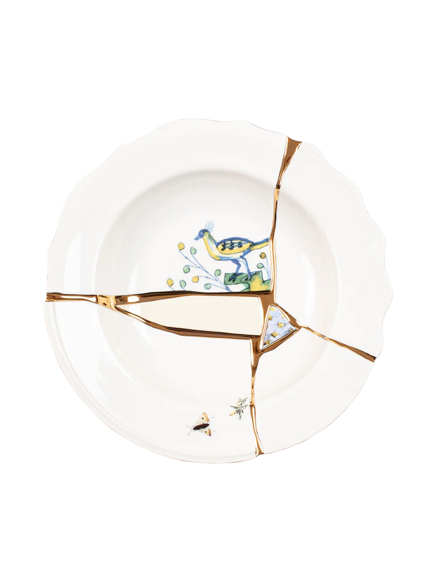 
Assiette design pour soupes et pâtes « Kintsugi 01 » en porcelaine décorée d'or fin