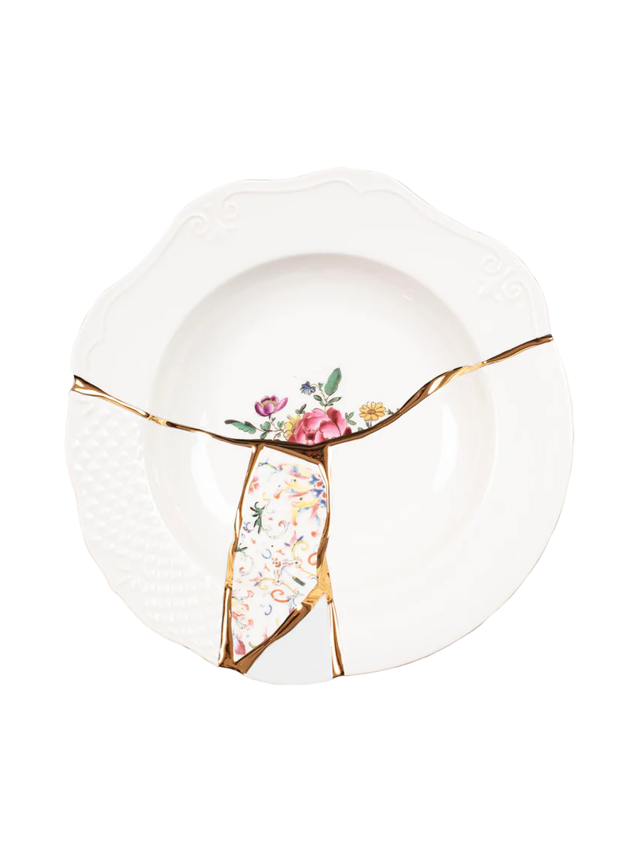 
Assiettes à soupe et à pâtes design « Kintsugi 03 » en porcelaine décorée d'or fin