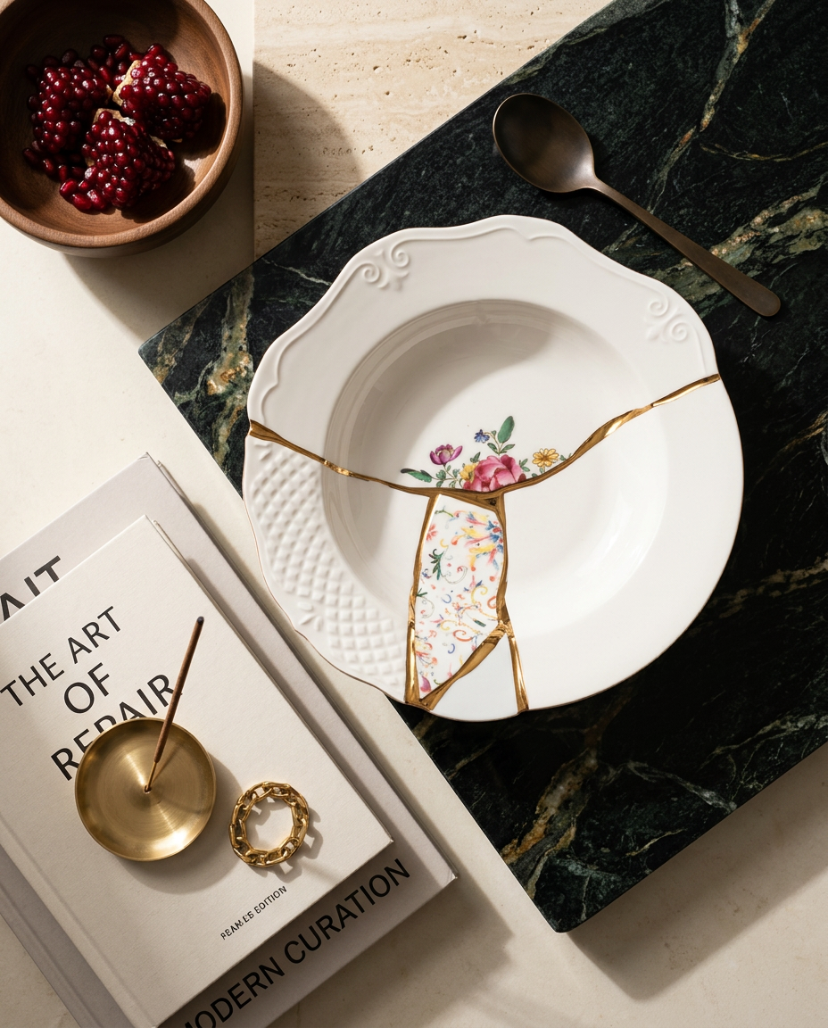 
Assiettes à soupe et à pâtes design « Kintsugi 03 » en porcelaine décorée d'or fin