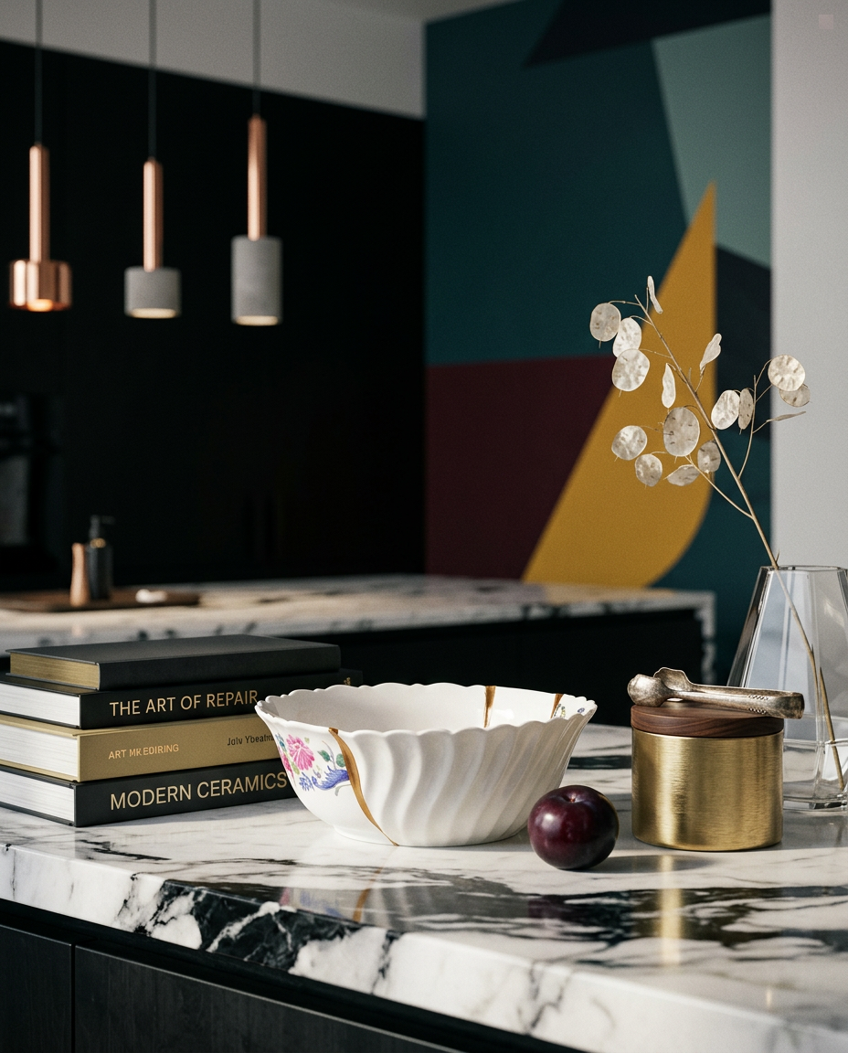 
Saladier design "Kintsugi 02" en porcelaine ornée d'or fin