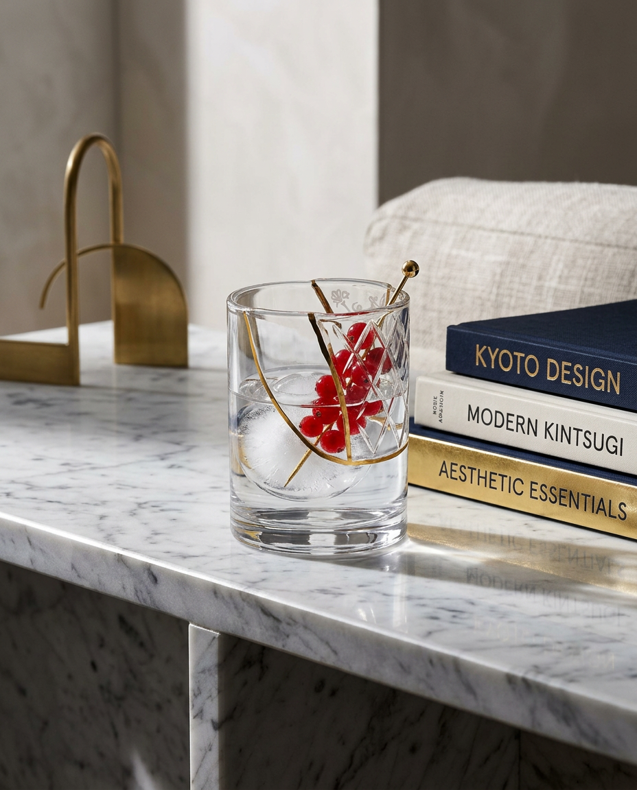 
"Kintsugi 02" water glass design, adorned with fine gold