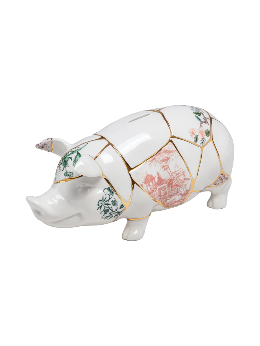 
Grande tirelire design « Kintsugi » en porcelaine décorée d'or fin