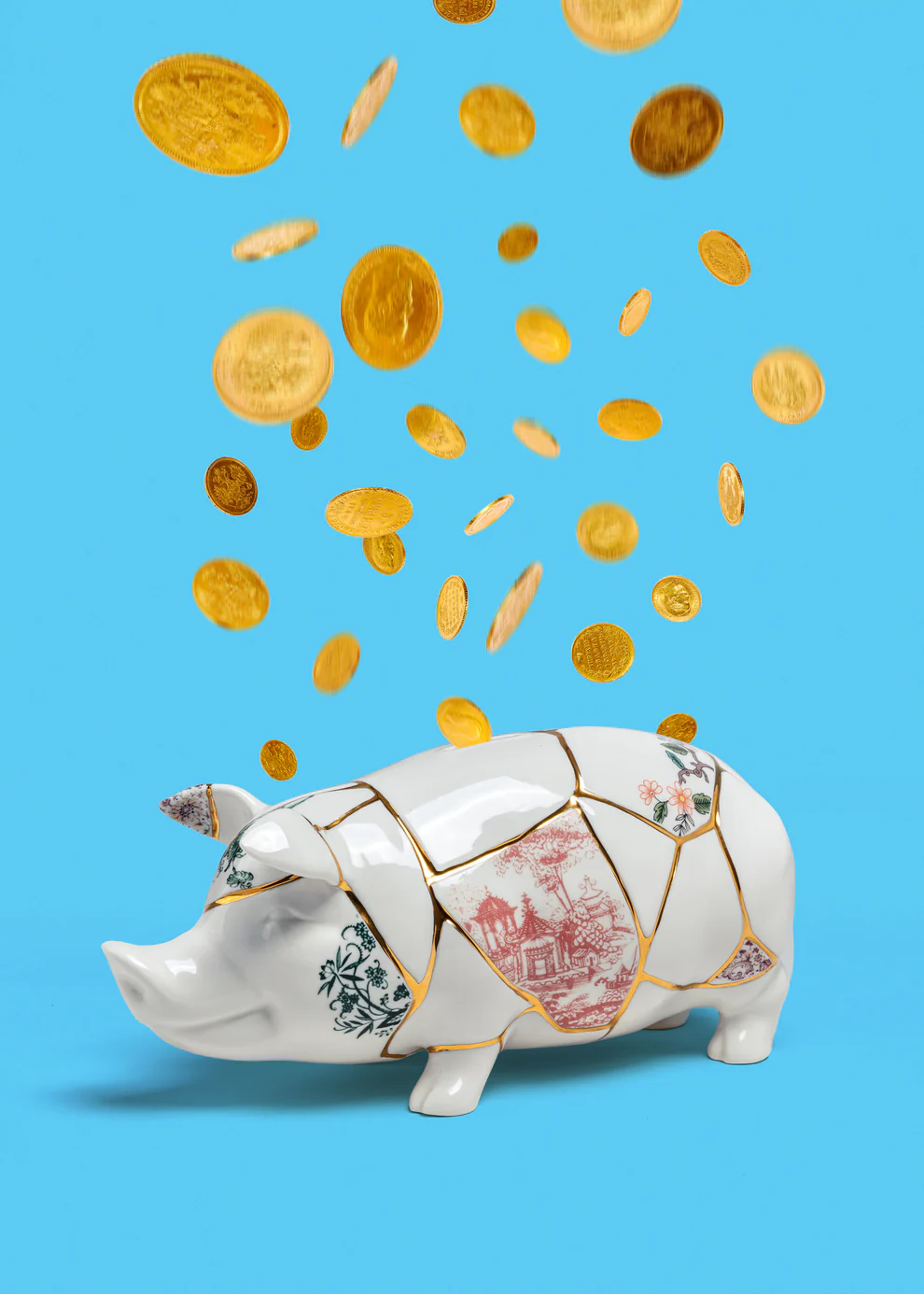 
Grande tirelire design « Kintsugi » en porcelaine décorée d'or fin