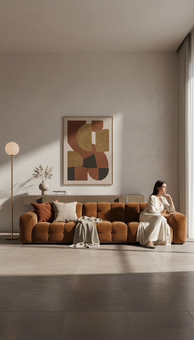 
Divano di design a 4,5 posti «Hackman» - Rivestimento in velluto Cognac