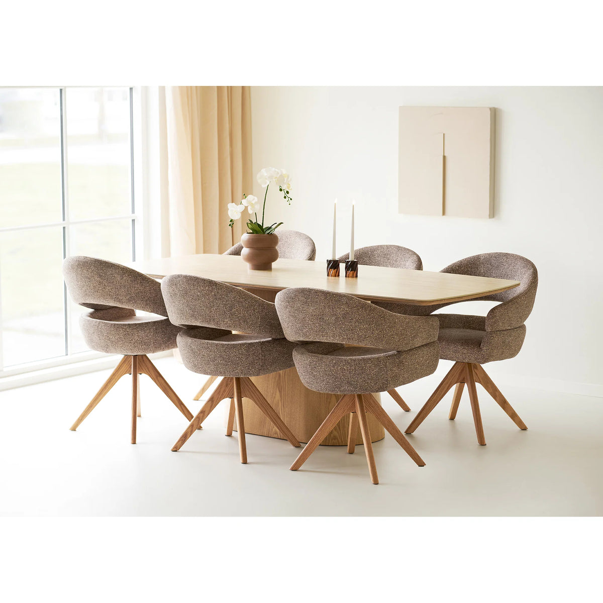 
Sedia da pranzo di design «Dover» girevole a 180° con braccioli - Rovere naturale / Beige scuro