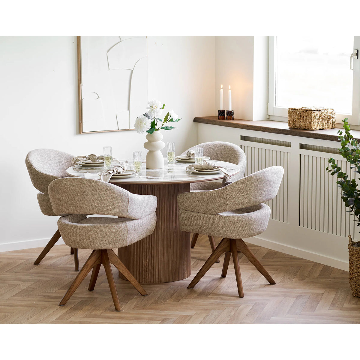 
Sedia da pranzo di design «Dover» girevole a 180° con braccioli - Rovere Marrone scuro / Beige