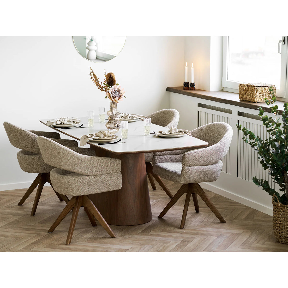 
Sedia da pranzo di design «Dover» girevole a 180° con braccioli - Rovere Marrone scuro / Beige