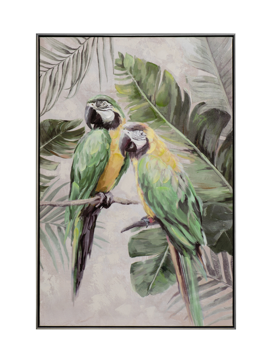 
Quadro dipinto a mano, con cornice, “Ara ornamentali gialloverdi” 62.5 x 92.5 cm