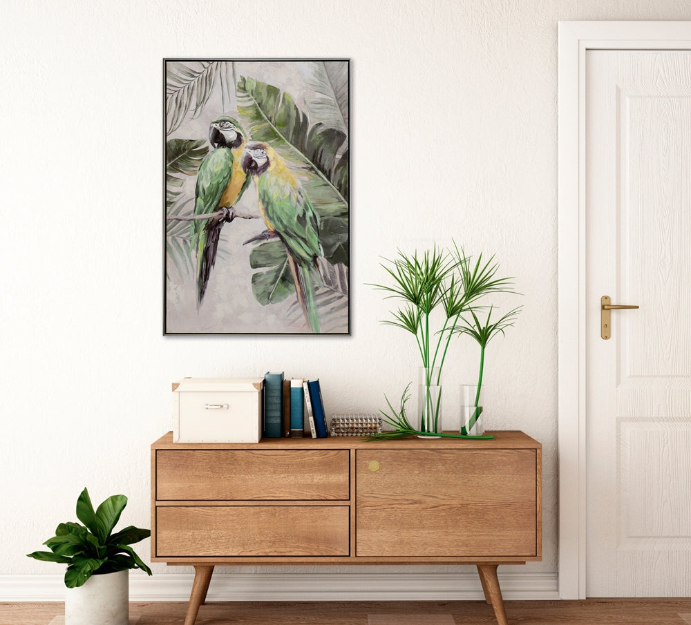 
Quadro dipinto a mano, con cornice, “Ara ornamentali gialloverdi” 62.5 x 92.5 cm