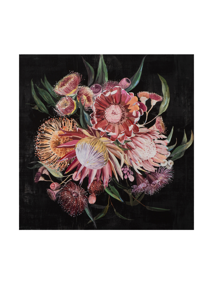 
Tableau peint à la main « Bouquet de fleurs sur fond sombre » 100 x 100 cm