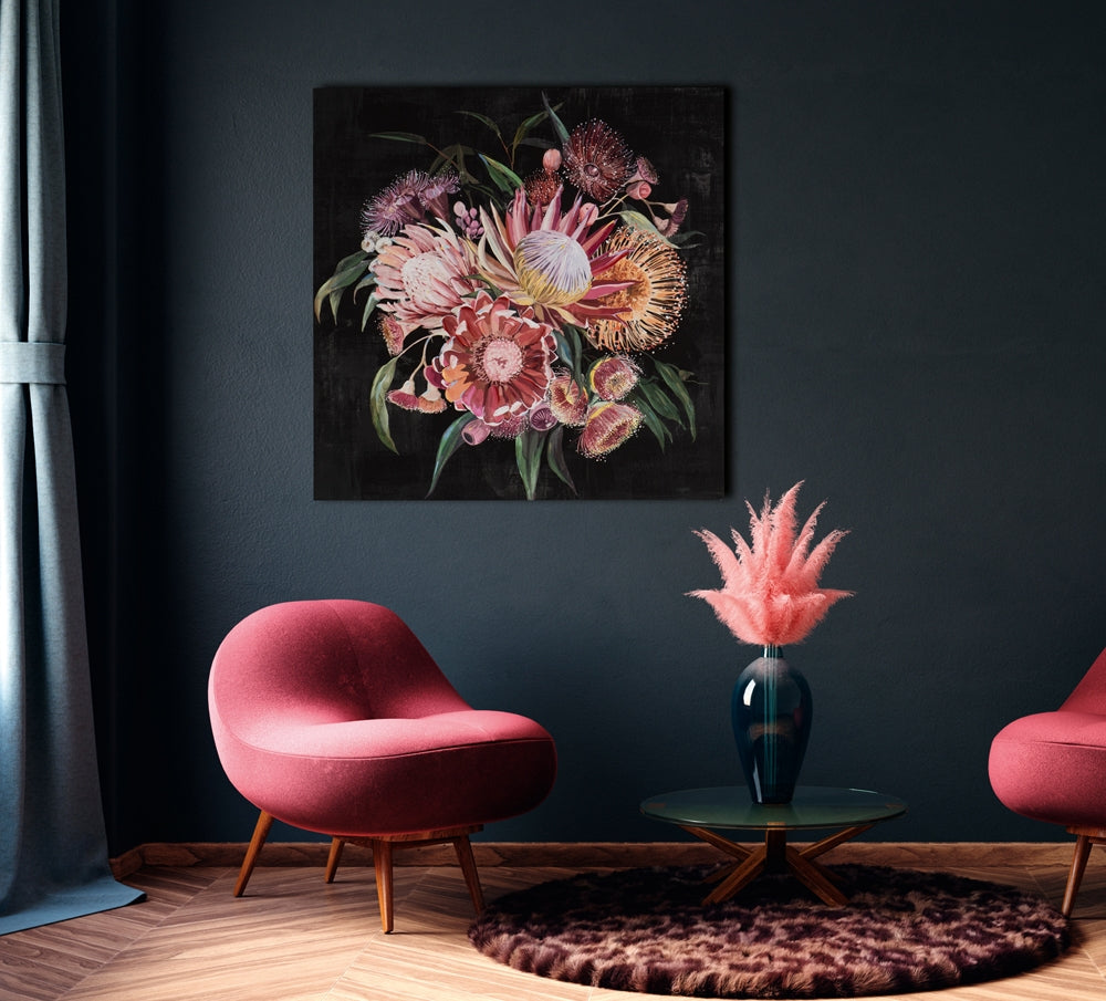 
Tableau peint à la main « Bouquet de fleurs sur fond sombre » 100 x 100 cm