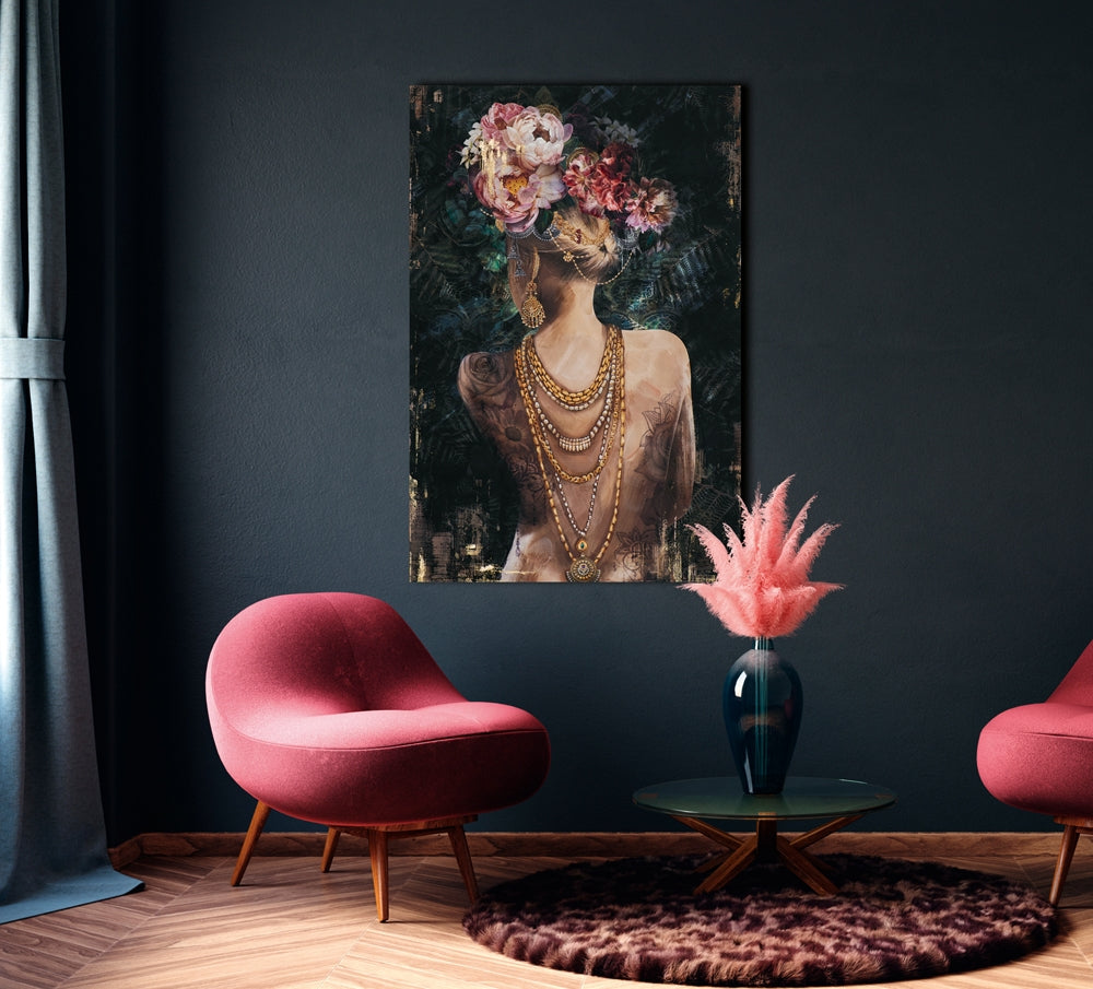 
Tableau peint à la main « Vue de dos de beauté parée II » 80 x 120 cm