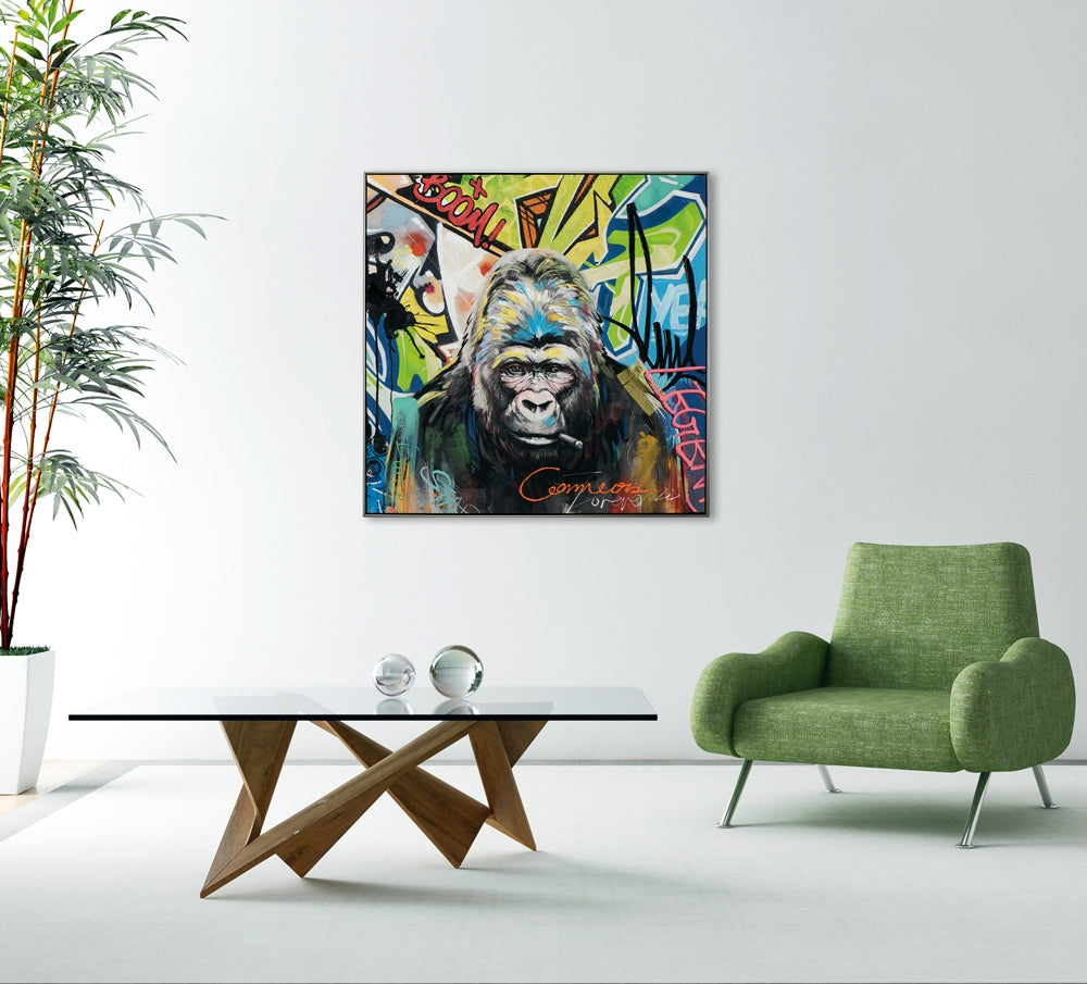 
Handbemaltes, gerahmtes Bild „Gorilla mit buntem Hintergrund“ 102.5 x 102.5 cm