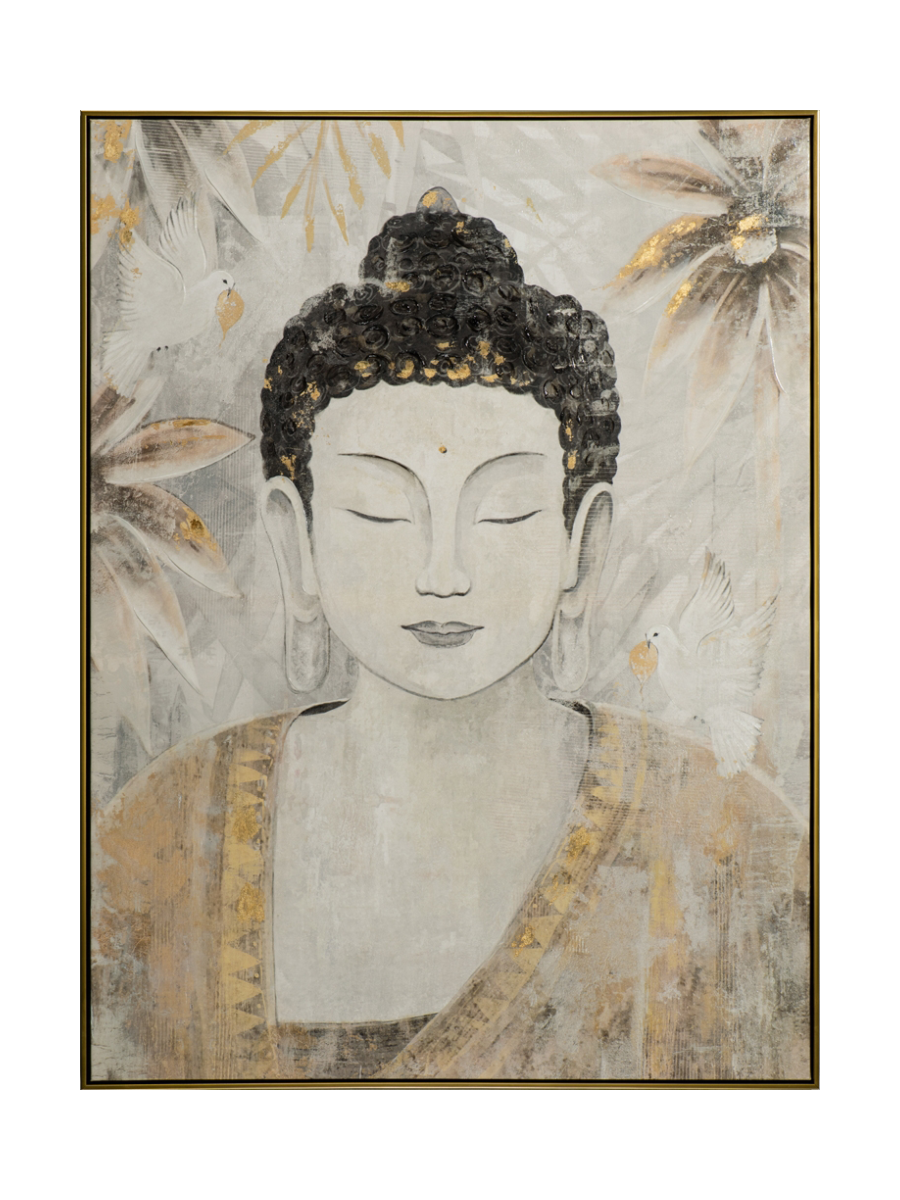 
Quadro dipinto a mano e incorniciato «Buddha con colombe» 92.5 x 122.5 cm