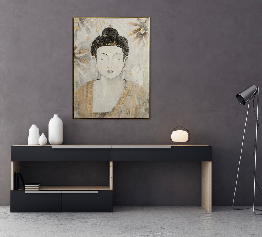 
Quadro dipinto a mano e incorniciato «Buddha con colombe» 92.5 x 122.5 cm