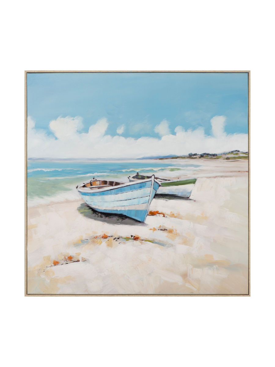 
Quadro dipinto a mano e incorniciato «Barche sulla spiaggia» 100 x 100 cm