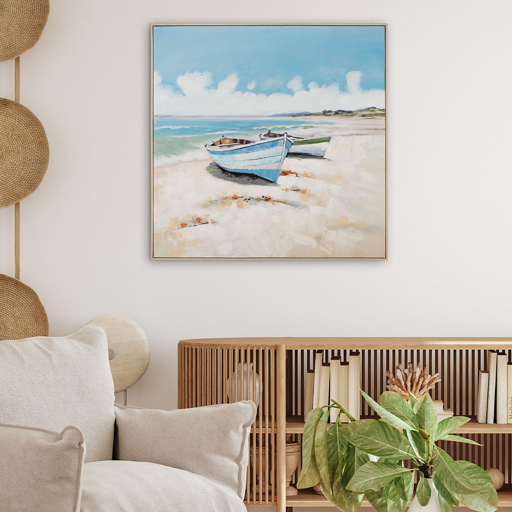 
Quadro dipinto a mano e incorniciato «Barche sulla spiaggia» 100 x 100 cm