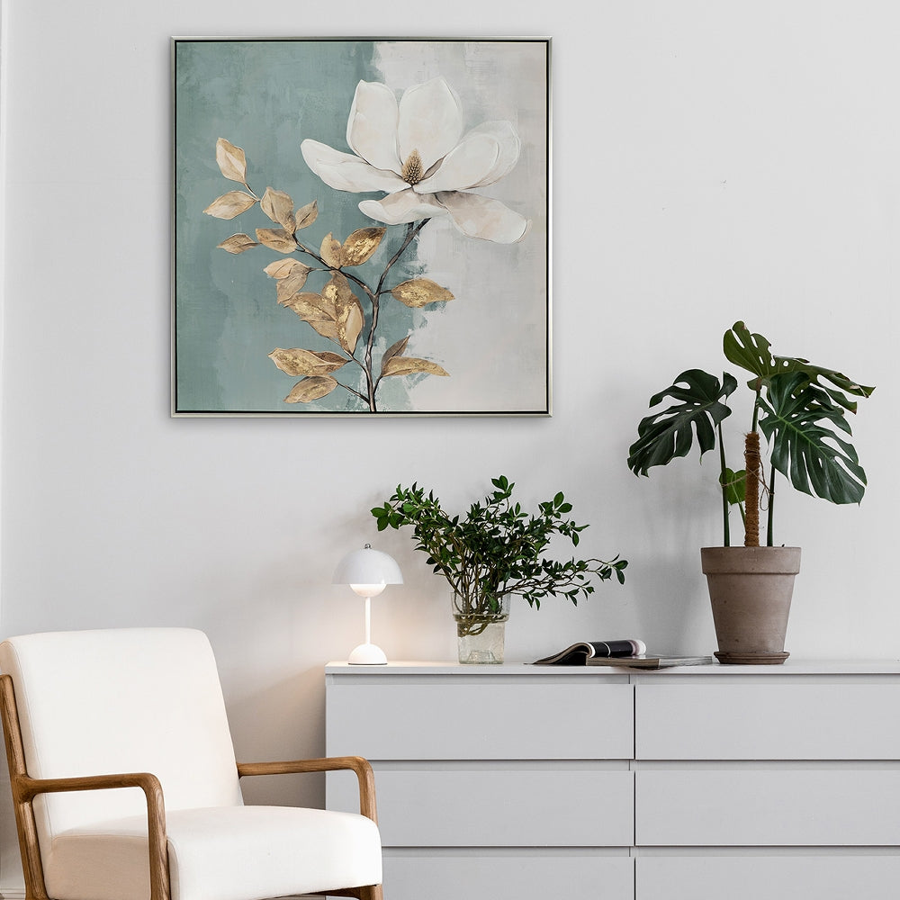 
Quadro dipinto a mano, con cornice, “Fiore bianco” 80 x 80 cm
