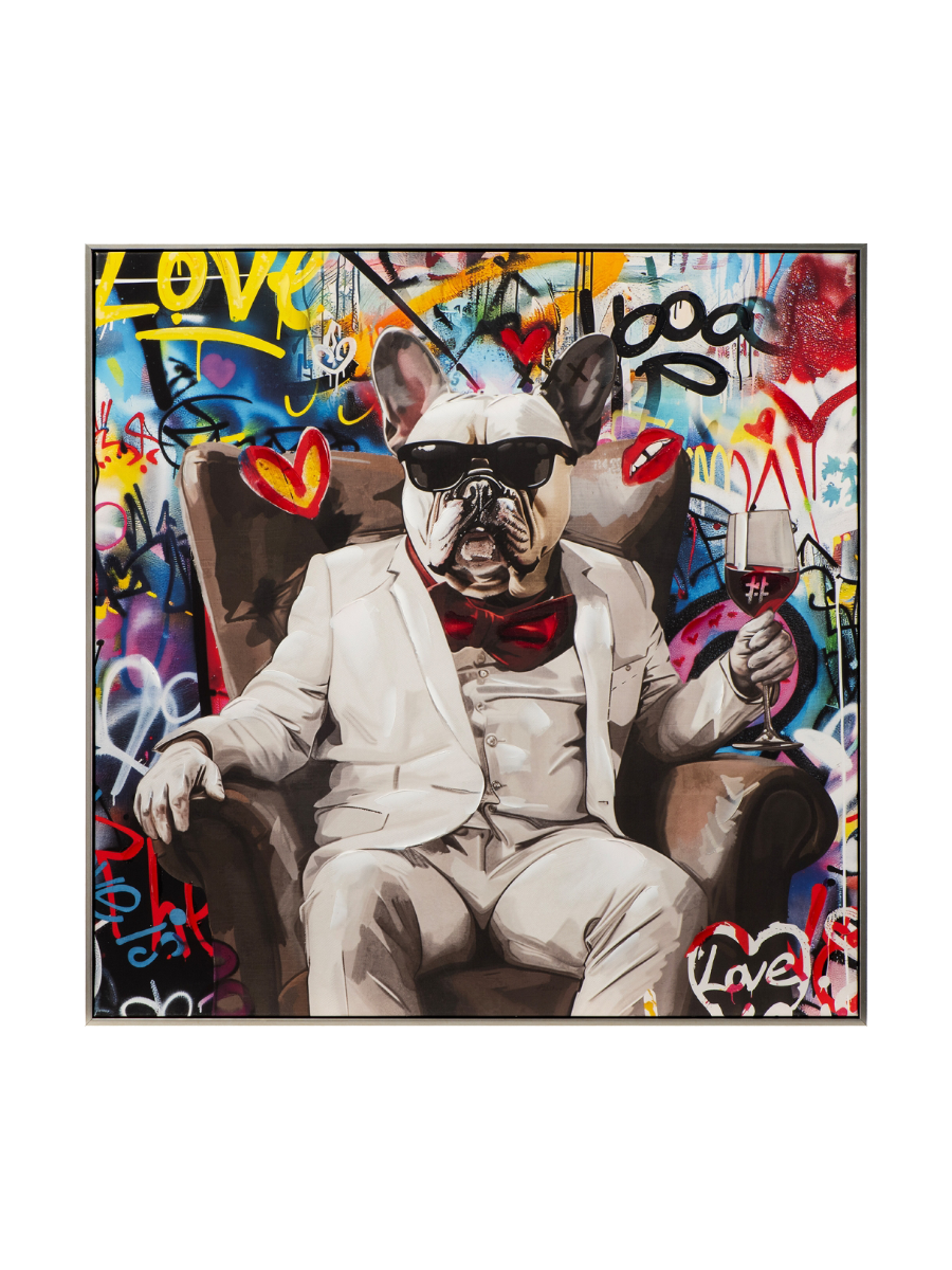 
Handbemaltes, gerahmtes Bild „Cool French Dog“ 80 x 80 cm