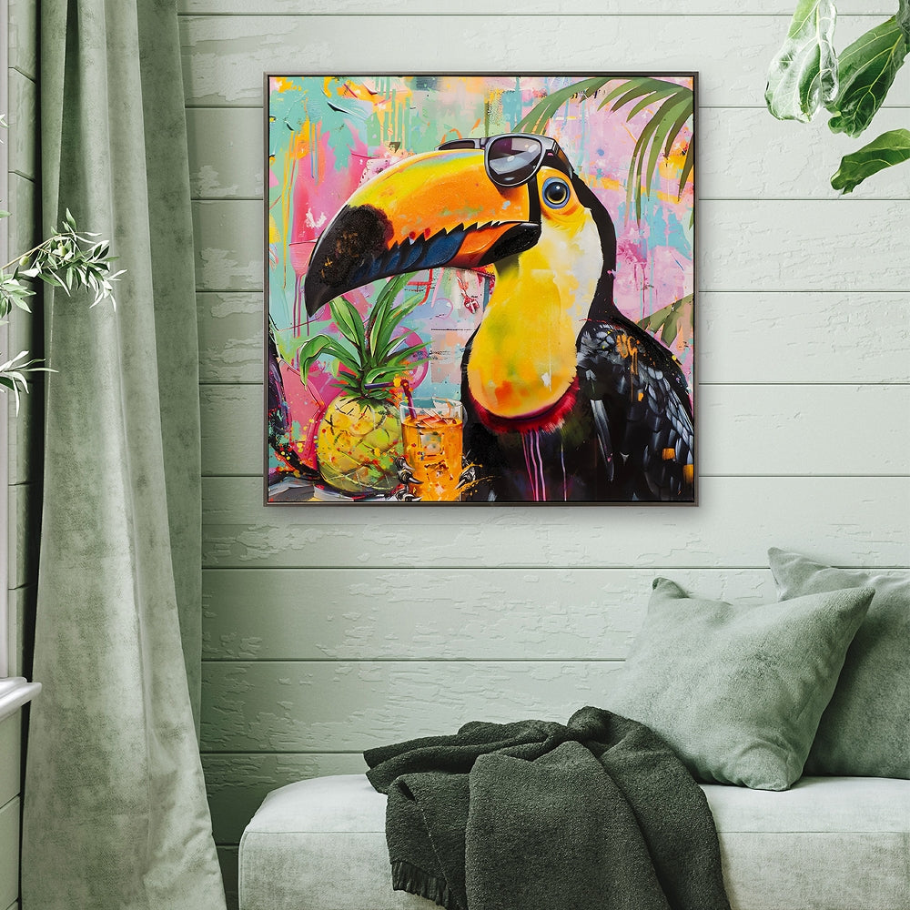 
Handbemaltes, gerahmtes Bild „Karibischer Tukan“ 80 x 80 cm