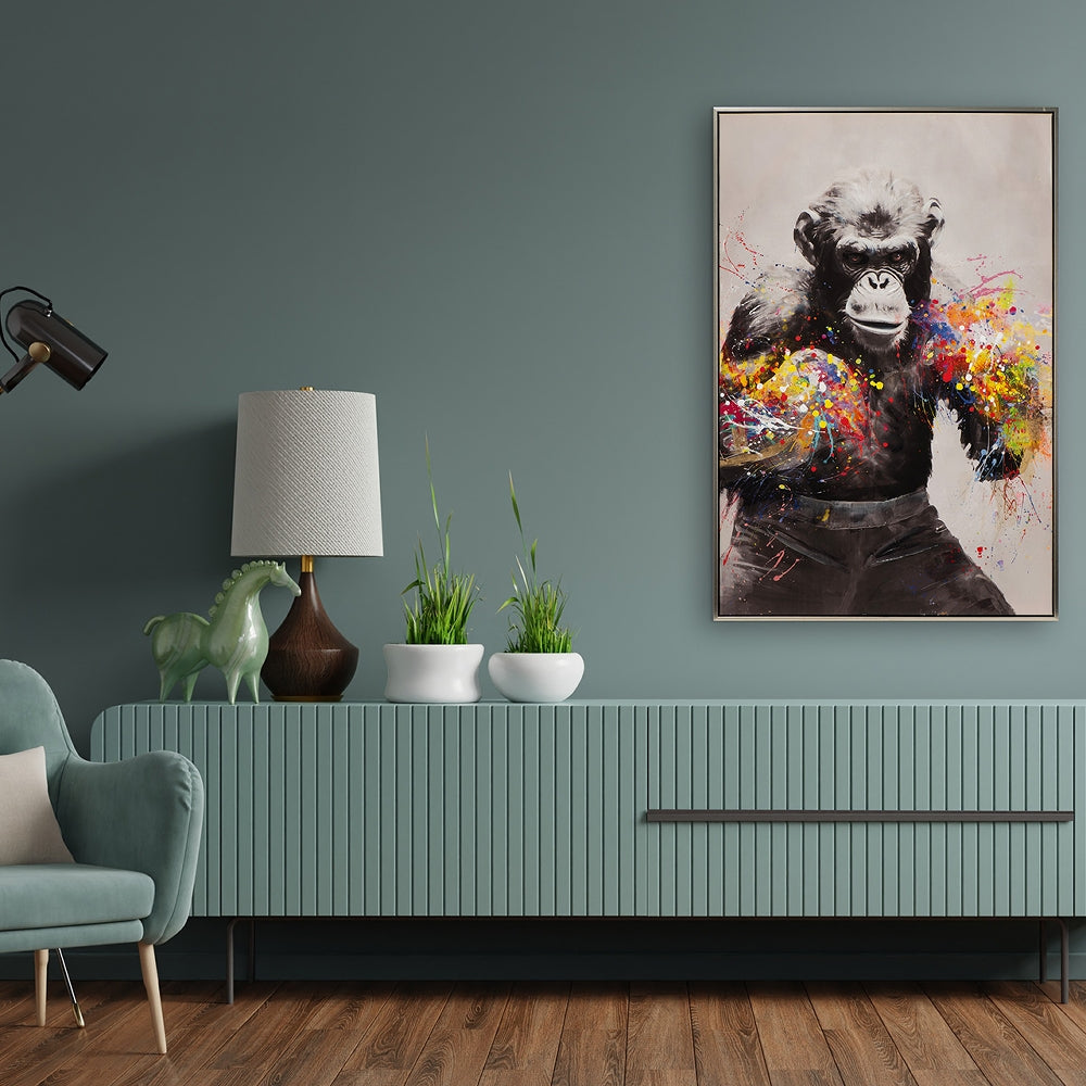 
Quadro dipinto a mano, con cornice, “Scimmia pugile” 60 x 90 cm