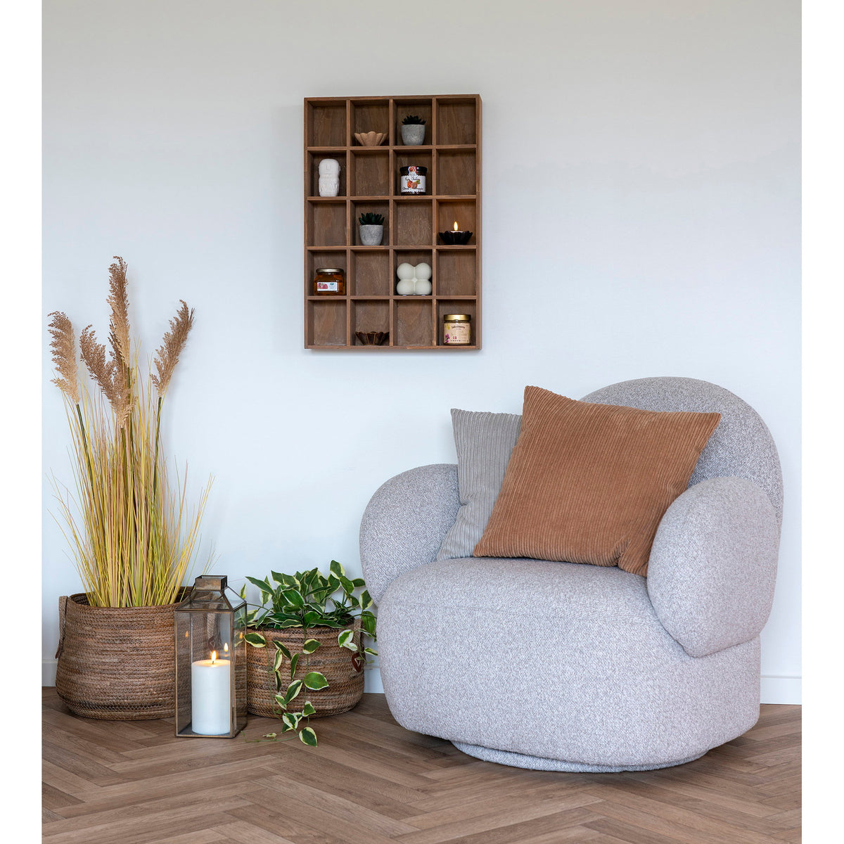 
Drehbarer Design Loungesessel „Messina“ - Bouclé Hellgrau