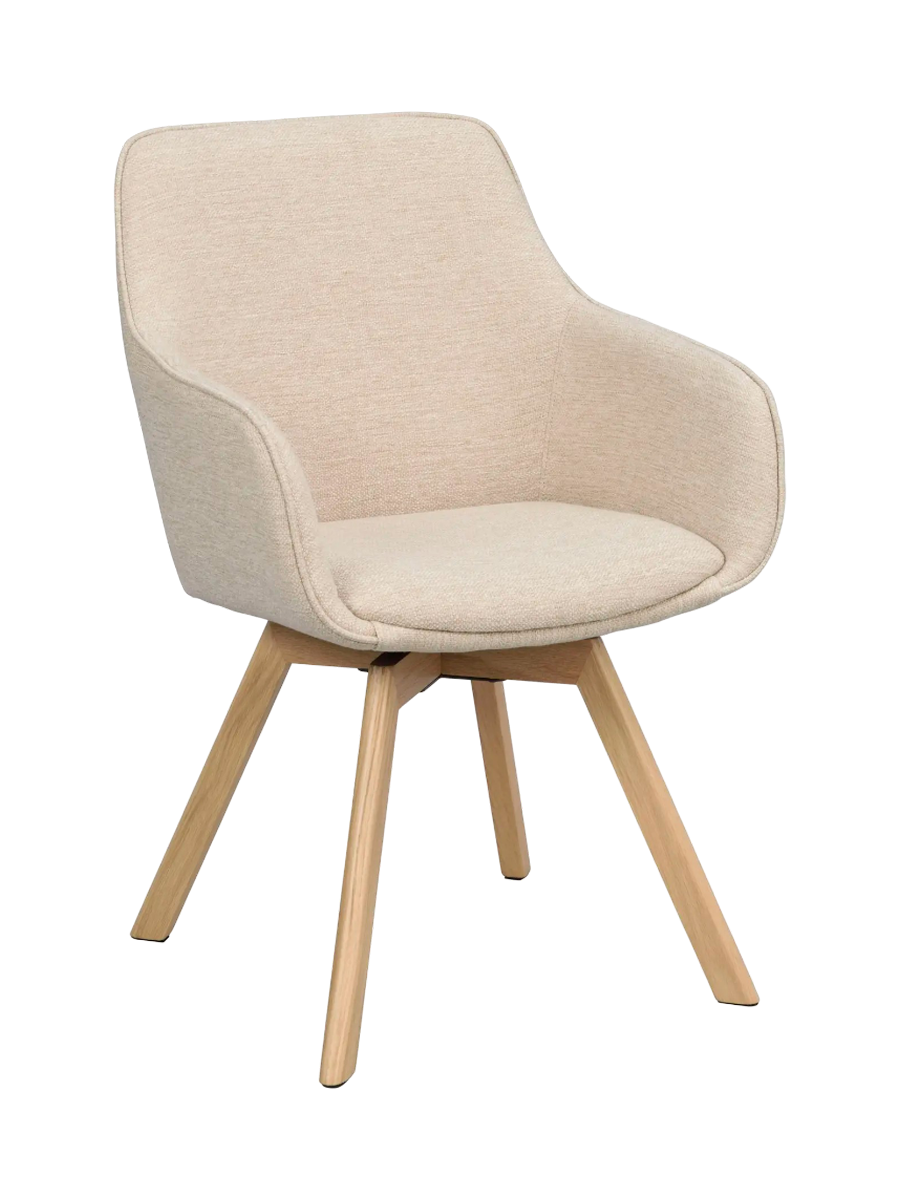 
360° Swivel Designer Armchair "Alison" with Solid Wood Base - Oak Natural / Light Beige