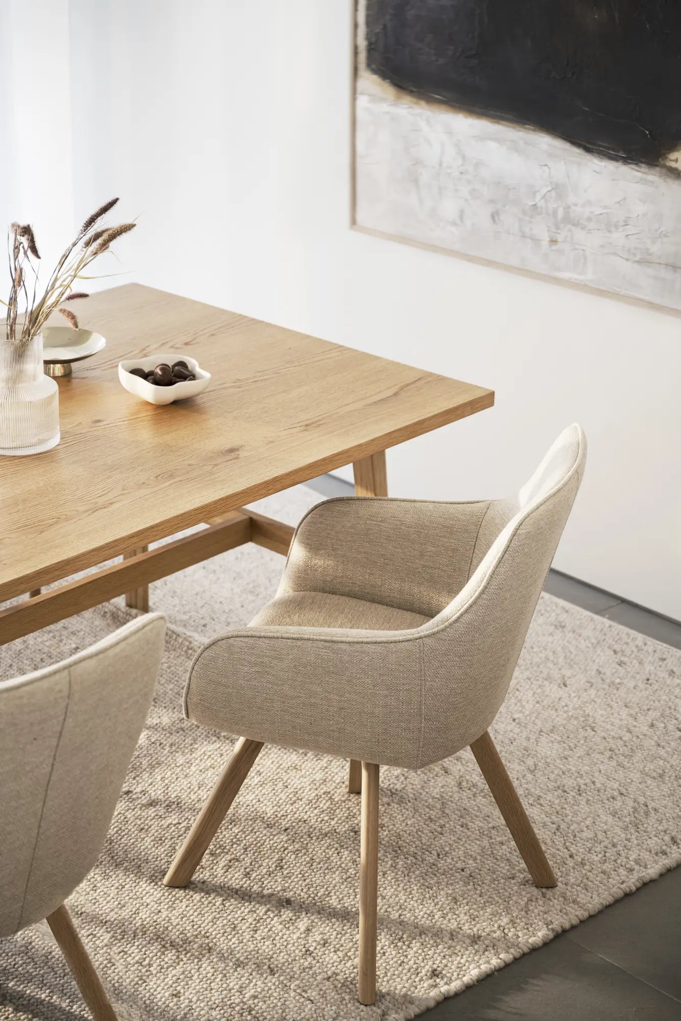 
360° Swivel Designer Armchair "Alison" with Solid Wood Base - Oak Natural / Light Beige