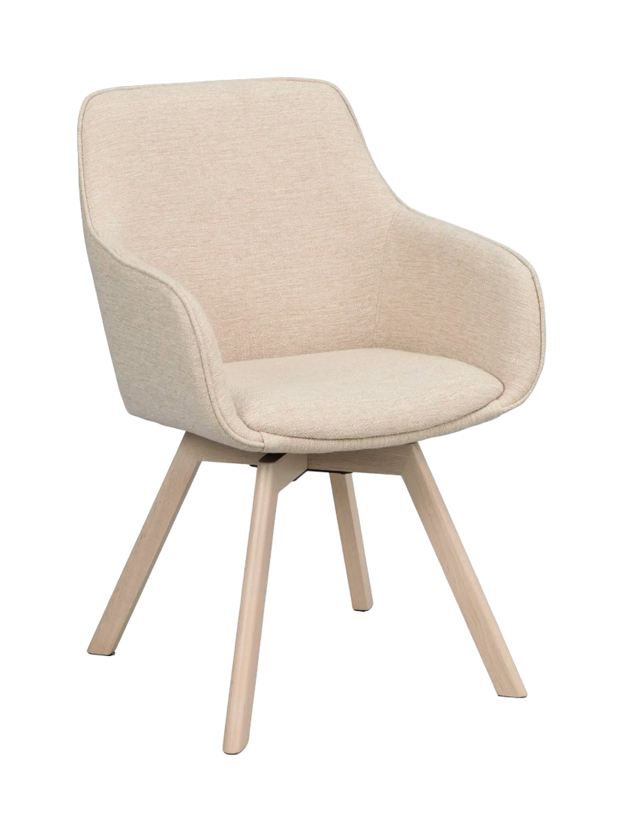 
360° Swivel Designer Armchair "Alison" with Solid Wood Base - Light Oak / Light Beige