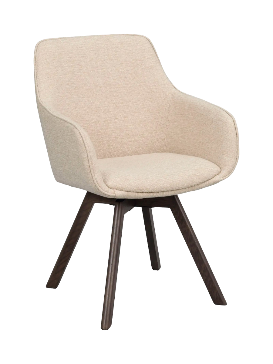 
360° Swivel Designer Armchair "Alison" with Solid Wood Base - Oak Dark Brown / Beige light