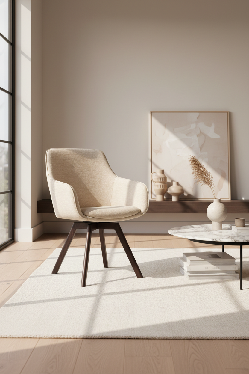 
360° Swivel Designer Armchair "Alison" with Solid Wood Base - Oak Dark Brown / Beige light