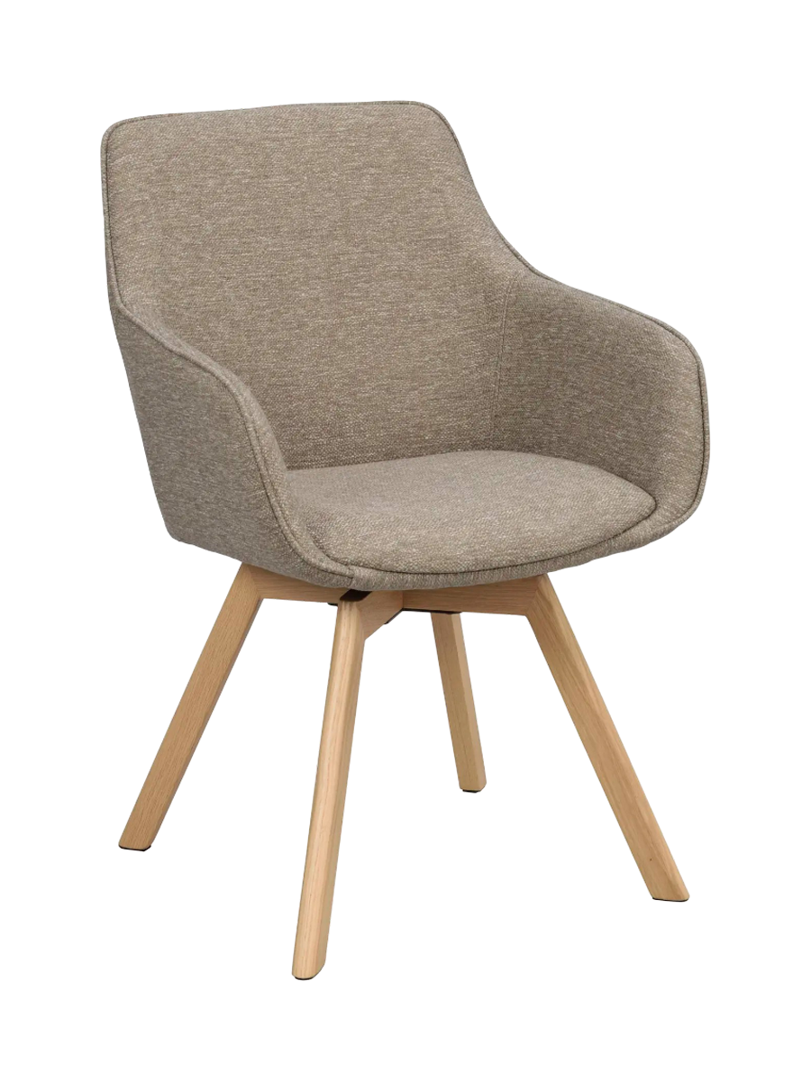 
360° Swivel Designer Armchair "Alison" with Solid Wood Base - Oak Natural / Dark Beige
