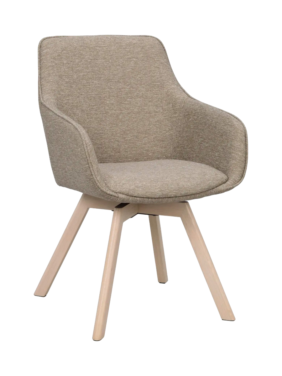 
360° Swivel Designer Armchair "Alison" with Solid Wood Base - Light oak / Dark beige