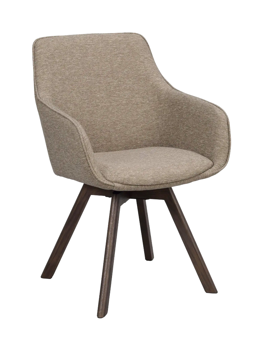 
360° Swivel Designer Armchair "Alison" with Solid Wood Base - Oak Dark Brown / Beige Dark