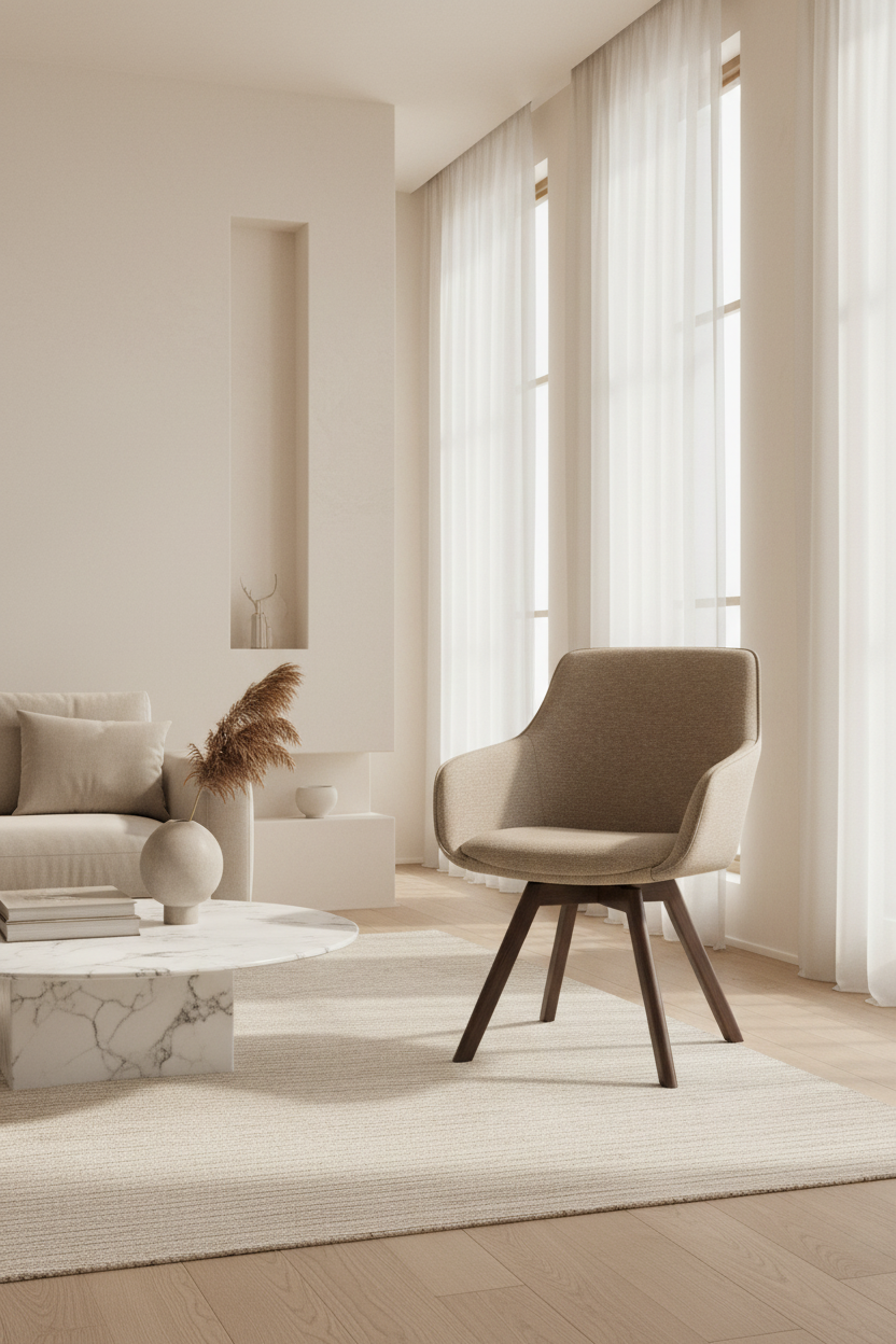 
360° Swivel Designer Armchair "Alison" with Solid Wood Base - Oak Dark Brown / Beige Dark