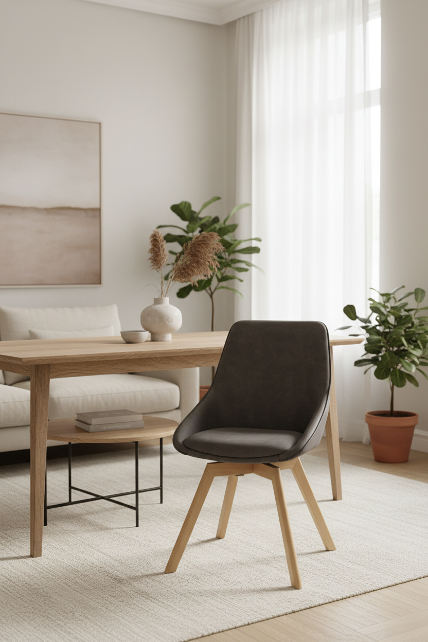 
Chaise design pivotante à 360° « Alison » avec pied en bois massif - Chêne naturel / Gris foncé