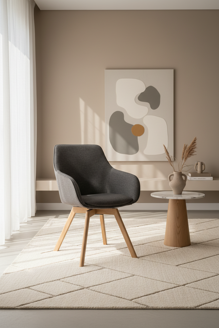 
360° Swivel Designer Armchair "Alison" with Solid Wood Base - Oak Natural / Grey