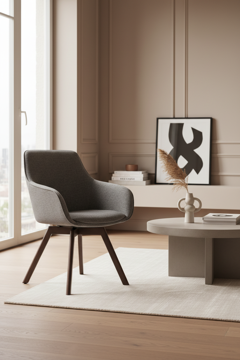 
360° Swivel Designer Armchair "Alison" with Solid Wood Base - Oak Dark Brown / Grey
