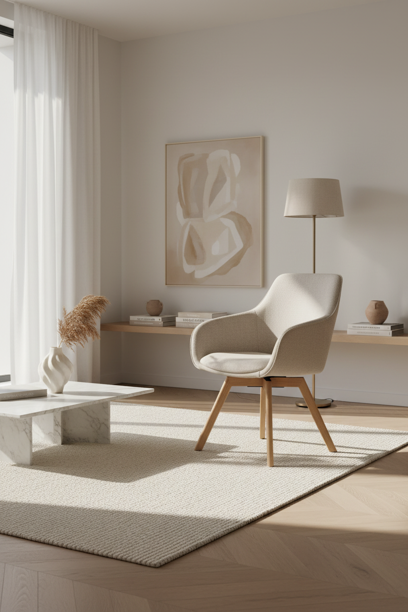 
360° Swivel Designer Armchair "Alison" with Solid Wood Base - Oak Natural / Beige